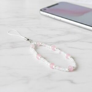 Elegant Handmade Beaded Pink & White Phone Charm Wristlet